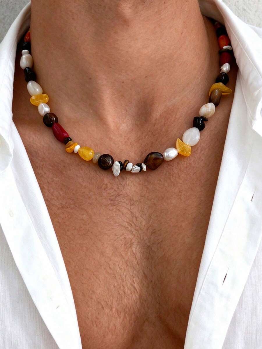 1pc Vintage Bohemian Style Resin Beaded Necklace, Personalized Charming Multicolor Geometric Beaded Collarbone Chain, Unisex Casual Accessory - Multicolor - View 1