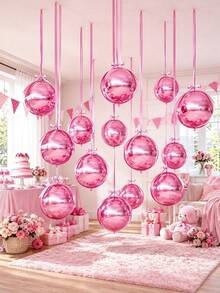10pcs 22 Inch 4D Metallic Color Giant Foil Balloons, Pink Round With Ribbon, Ceiling Party Decoration Accessories, Suitable For Valentine's Day, Birthday, Wedding Party Decoration - 4D Ball - View 5