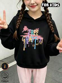 Girls Graffiti Dripping Paint Letter Print Hoodie, Casual Long Sleeve Hooded Pullover - Black - View 3