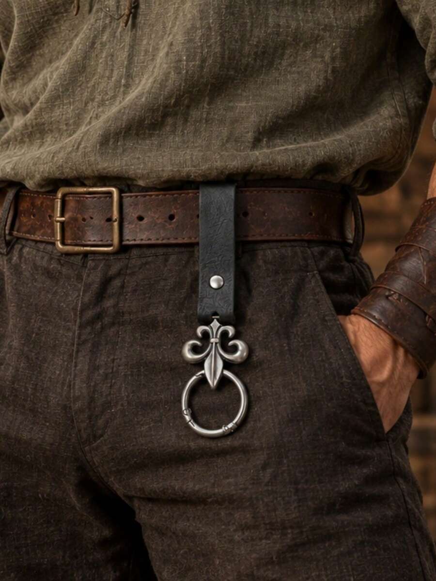 1pc Medieval Vintage Black PU Leather Lily Flower Keychain | Men's Belt Charm | Knight Style Key Ring | Renaissance Fair, LARP Cosplay And Halloween Accessory (Belt Not Included) - PGJ - View 1