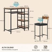 Desayunador para 2 Personas, Juego de Mesa de Comedor Cuadrada con 2 Taburetes y Portabotellas Integrado, Mesa Bar Compacta de 74 x 74 x 76, Estructura de Metal Negro y Tablero de Madera Vintage, para Cocina, Comedor y Departamento Pequeño - Marrón - Ver 3