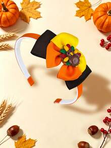 1pc Girls Thanksgiving Bow Headband, Multi-Layer Orange Yellow Brown Ribbon Bow With Cute Turkey Decor, Fall Holiday Party Hair Accessories For Kids - Multicolor - View 3