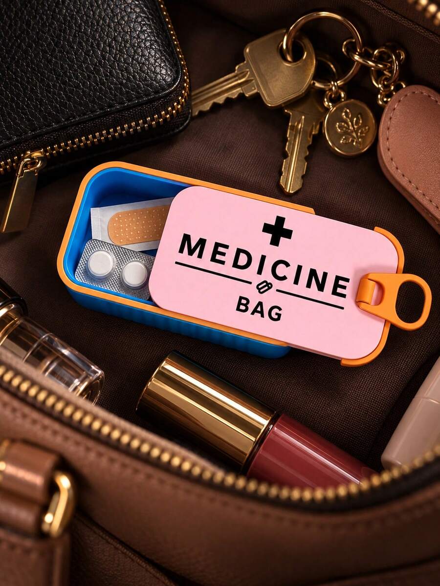 Mini Portable Medicine Box With "MEDICINE BAG" Print, Snap-Seal Pill Organizer, Compact Storage For Pills, Band-Aids, And First Aid Essentials, Suitable For Commuting, Short Trips, Dorm Desk, And Home Vanity Organization, Ideal For Students And Outdoor Enthusiasts, Practical Niche Birthday Gift, Portable Pill Dispenser, Travel Mini Medicine Storage Box, Pocket-Sized Medical Organizer - Multicolor - View 1