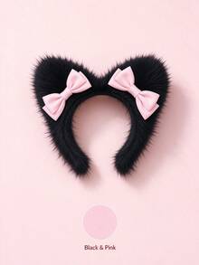 1pc Autumn Plush Cat Ear Headband With Premium Satin Ribbon Bow, Cute Cosplay Hair Accessory For Party Costume - Multicolor - View 12