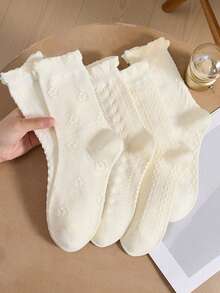 2 Pairs Women's White Mid-Calf Socks, Twisted Bubble Opening, Autumn/Winter Style - Multicolor - View 6