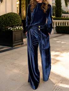 LUNNELUX Women Fall Winter Velvet 2 Pieces Set, Mock Neck Long Sleeve Sweatshirt & High Waist Cargo Pocket Wide Leg Pants, Christmas Daily Outfit - Navy Blue - View 7