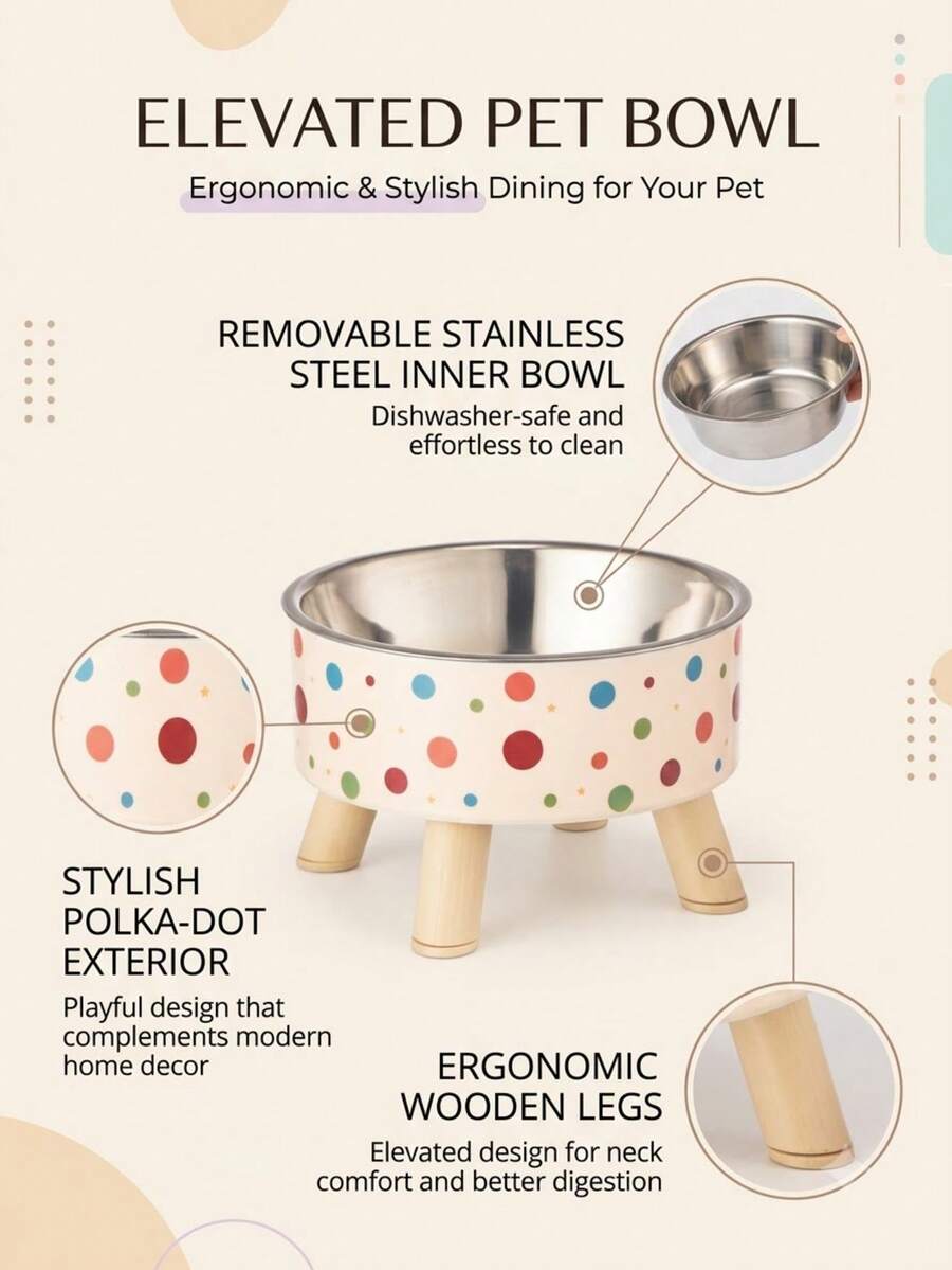 Colorful Polka Dot Stainless Steel Cat Bowl With Detachable Base, Easy To Clean Non-Slip Pet Food And Water Bowl, Suitable For Small Dogs And Cats, Pet Supplies