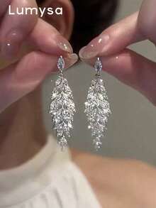 1 Pair Full Rhinestone Tassel Earrings For Women Banquet Ball Wedding Anniversary Gift - Silver - View 2