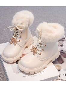1 Pair Girls' Thermal Lined Boots With Rhinestone Bow And Fur Trim, Thick Sole Warm Ankle Boots For Winter - Beige - View 6