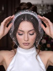 1 قطعة عصابة رأس شبكية بتصميم قفص طيور عتيق، عصابة رأس سوداء مزينة بلؤلؤ صناعي أخضر داكن، إكسسوار شعر لحفلات العشاء والزفاف والتصوير - متعدد الألوان - مشاهدة 8