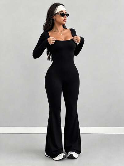 VENORA Women's Flare Leg Jumpsuit, U-Neck Black, Casual Slim Fit, Versatile For Sports, All-Match Style, Business, Yoga, Y2K, Back To School, Halloween, Autumn/Winter, Christmas