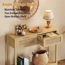 1 Pieza Mesa Consola de Ratán, Mesa Consola de Madera Natural con 2 Cajones y 2 Niveles, Diseño Largo y Estrecho, Estante Abierto, Estilo Bohemio Farmhouse, para Sala de Estar, Entrada, Recámara y Bar de Café - Natural - Ver 6