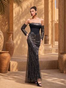 VIPGIRL Robe de soirée sirène sans bretelles à tube avec perles lourdes et paillettes, manches longues amovibles, robe de banquet longue affinante à la taille - Noir - Voir 5