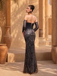 VIPGIRL Robe de soirée sirène sans bretelles à tube avec perles lourdes et paillettes, manches longues amovibles, robe de banquet longue affinante à la taille - Noir - Voir 2