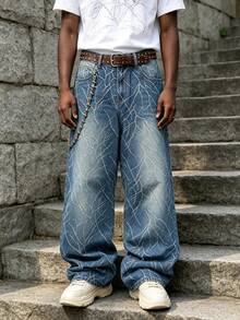 1pc Men's JacquardLoose Washed Denim Casual Baggy Wide Leg Jeans Pants - Blue - View 3