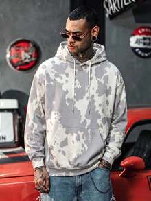 Grey And White Cow Print All-Over Print Hoodie, Fresh Spotted Print Loose Fit Kangaroo Pocket Casual Men's American Style Sweatshirt - White - View 2