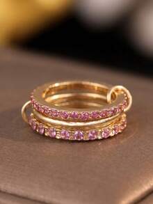 1pc Women's Gold Tone Interlocked 3 Band Ring, Pink Cubic Zirconia Pave Stackable Ring, Statement Finger Jewelry For Daily & Party Wear - Multicolor - View 6