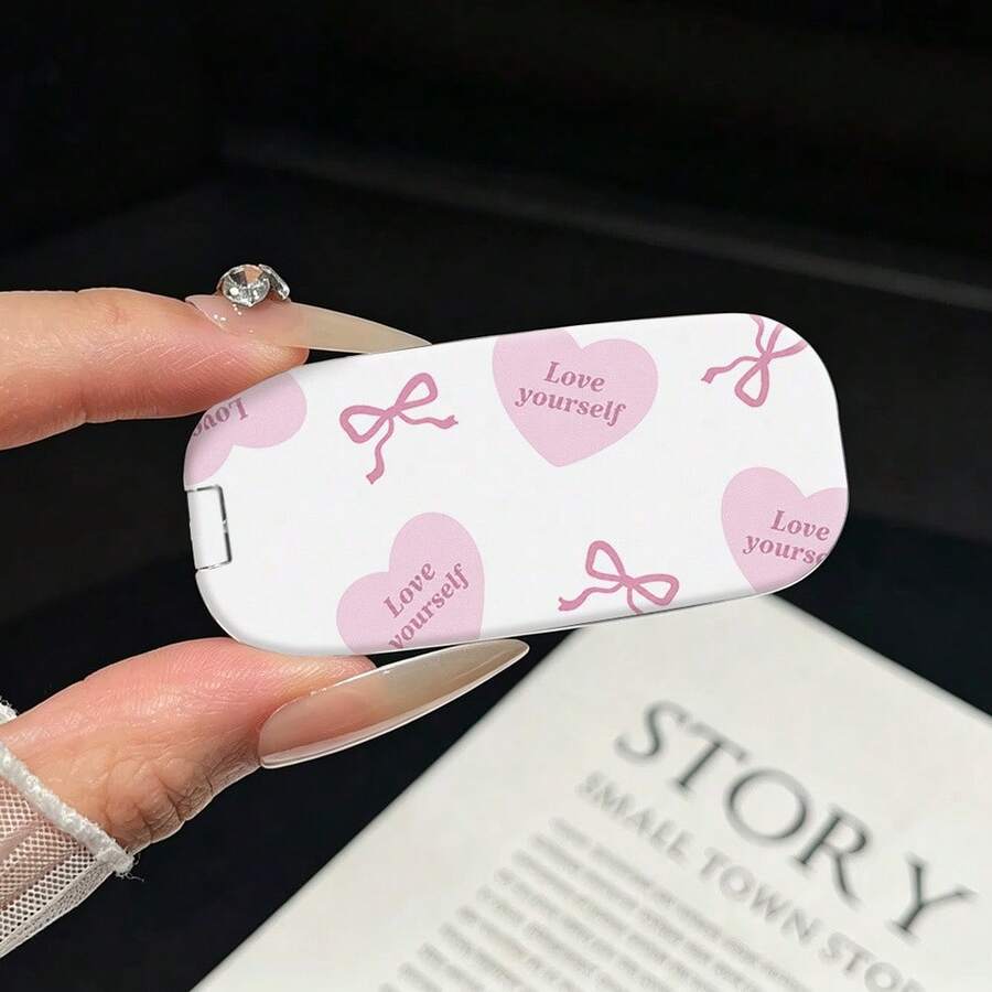 1pc Cartoon Heart Pink Bow Makeup Mirror Phone Stand Foldable Adhesive Mirror For Watching Shows, Niche Minimalist New Portable Design - Multicolor - View 1