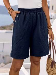 Pantalones cortos casuales de talla grande para mujer con botones decorativos de unicolor - Azul Marino - Ver 3