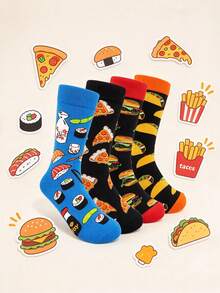 4 Pairs Fun Food Jacquard Mid-Calf Socks, Unisex Sushi Pizza Burger Cartoon Pattern Socks, Personalized Casual Versatile Creative Long Socks - Multicolor - View 9