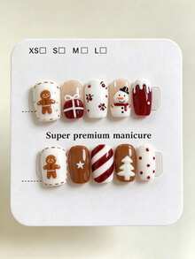 10pcs Pure Handmade Short Square Multicolor Press On Nails, Christmas Cute Style, Gingerbread Man & Snowman & Candy Cane Patterns For Women And Girl,Spring Summer Fall Winter Festivals Party And Daily Life Use - Multicolor - View 1