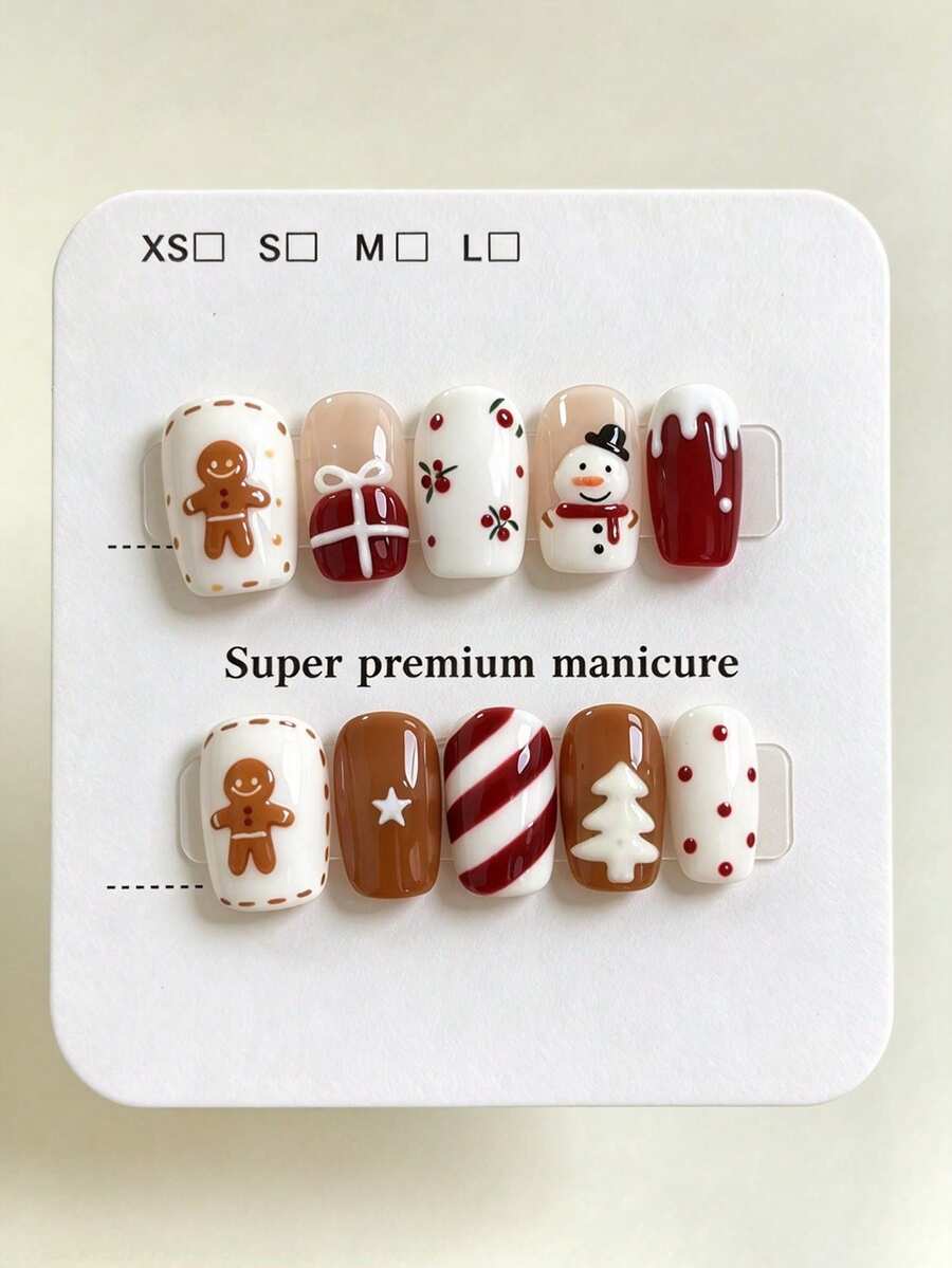10pcs Pure Handmade Short Square Multicolor Press On Nails, Christmas Cute Style, Gingerbread Man & Snowman & Candy Cane Patterns For Women And Girl,Spring Summer Fall Winter Festivals Party And Daily Life Use - Multicolor - View 1