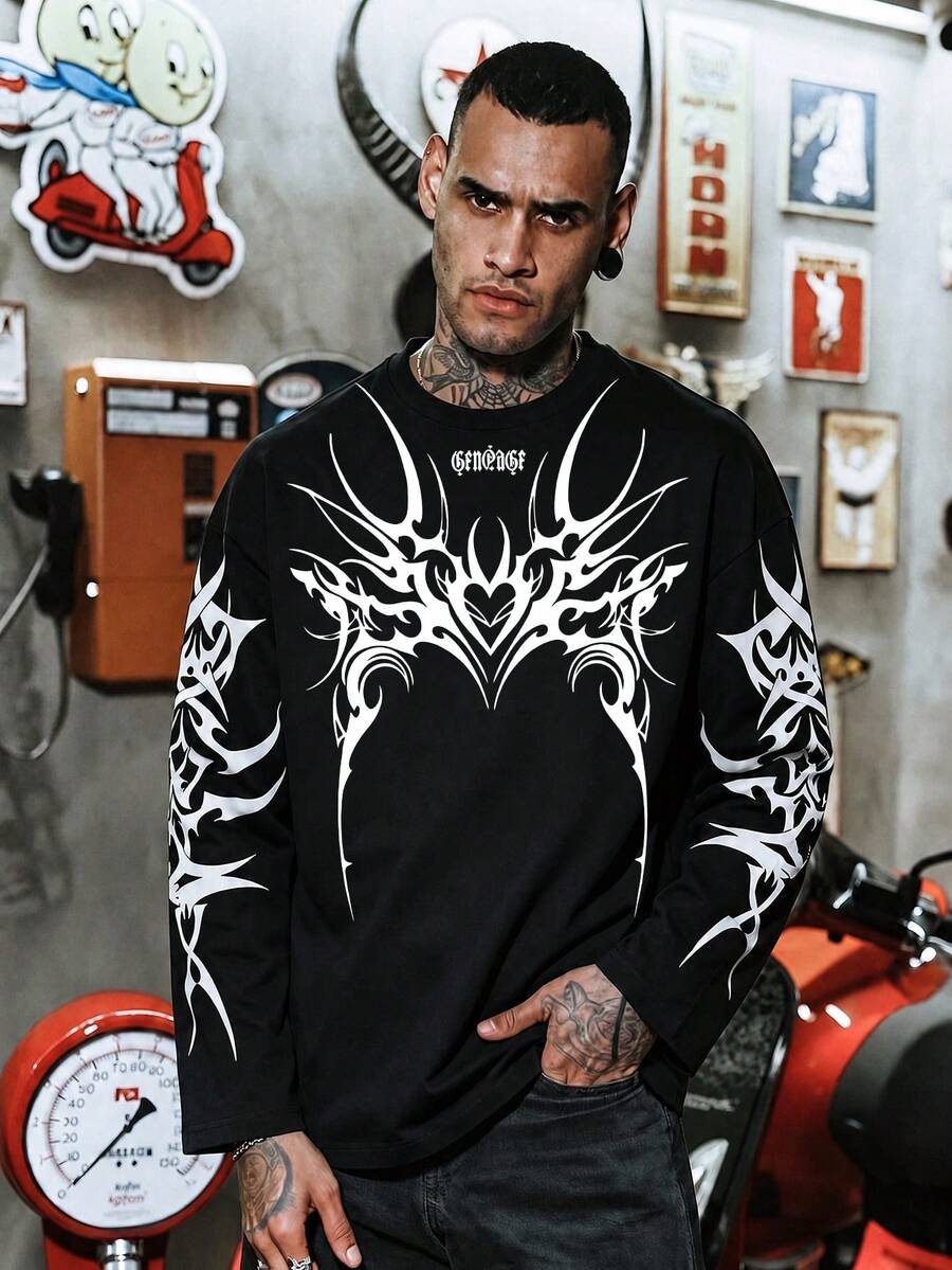 Men's Thorn Heart Dark Metal Aesthetic Long Sleeve T-Shirt - Black - View 1