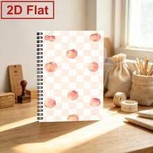 Cute A5 Spiral Notebook With Pink And White Plaid Cover, Watercolor Peach And Cherry Printed Cover Diary, Student Stationery Writing Notebook - A5 lined - View 5