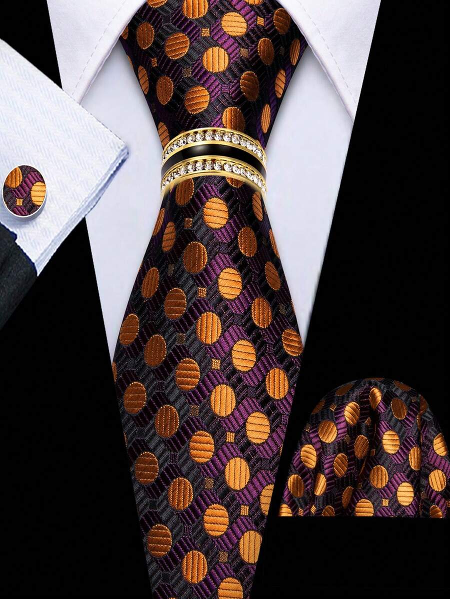 Men's Orange Round Polka Dot Tie Pocket Square Cufflinks Ring 4Pcs Set, Cufflinks Random Pattern, Wedding Business Suit Accessories - Orange - View 1