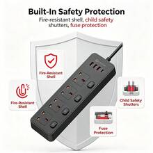 UK Standard 8-In-1 Power Strip Extension Cord, 4-Way UK 3-Pin Outlets With Independent Switches, USB Charging Ports, Multi-Outlet Power Strip, Suitable For Home, Office, Bedroom And Travel Use - UK Plug(220-240V) - View 10
