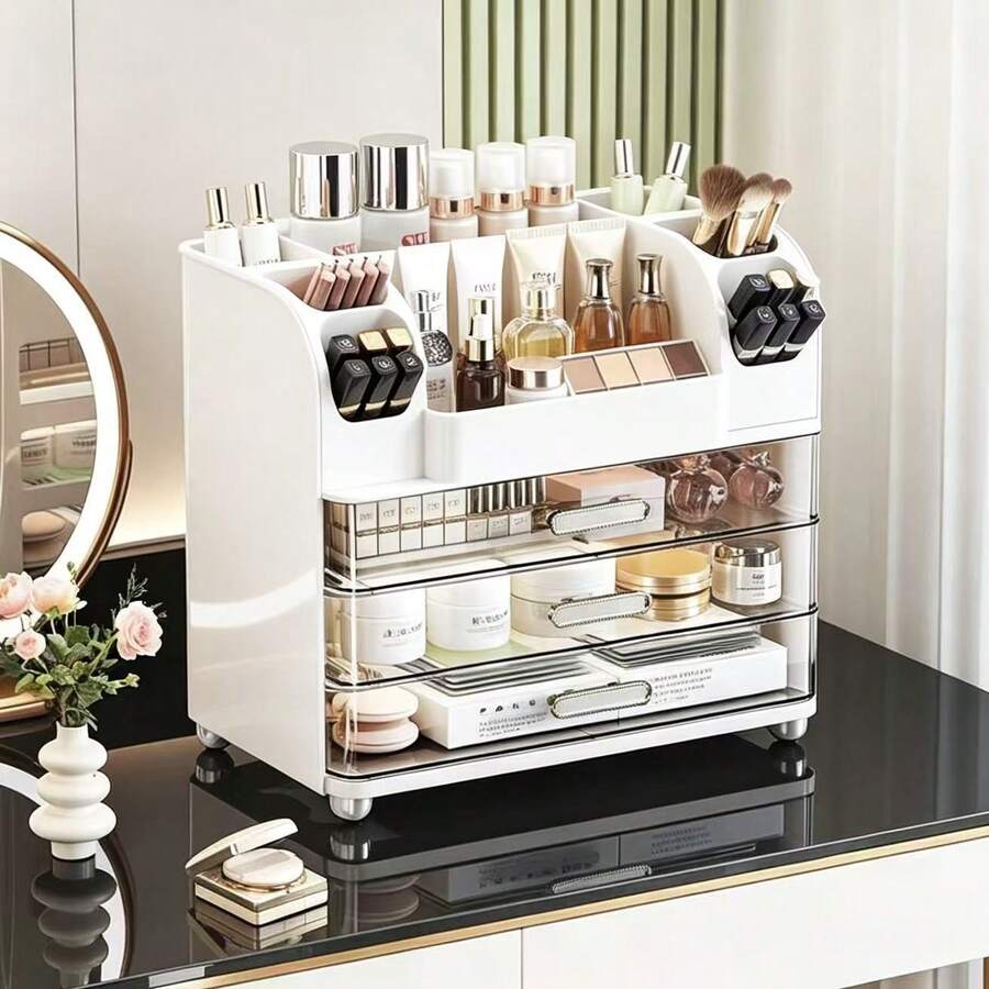1pc White Large Capacity Cosmetic Storage Box, Skincare, Lipstick, Makeup Brush, Face Mask Desktop Organizer, Suitable For Bathroom Countertop, Dorm, Vanity, Bedroom Room Decor, Back To School Season - Multicolor - View 1