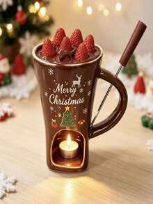 Christmas Ceramic Chocolate Fondue Cup Set With Tea Candle Holder And Forks, Santa Claus Reindeer Tree Pattern Heat-Resistant Hot Chocolate Melting Pot, Holiday Dessert Dipping Bowl For Strawberries Marshmallows, Christmas Party Tableware Gift - Multicolor - View 16
