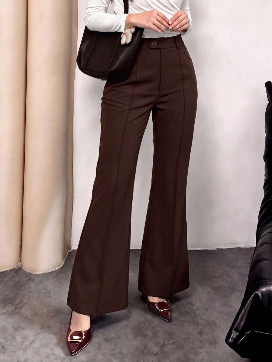 Women's Autumn Coffee Brown Flared Long Pants, Minimalist Elegant Daily Commute Date Pants - Coffee Brown - View 1