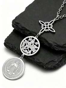 Witch Four-Line Diagram & St. Benedict Pendant Necklace, Triple Amulet, 50cm Stainless Steel Chain, Spiritual Jewelry Gift - Silver - View 6