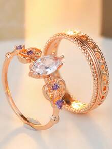 YOYO 2pcs Vintage Style Rings, Hollow Carved Craftsmanship. Suitable As Gifts Or Engagement Rings - Rose Gold - View 4