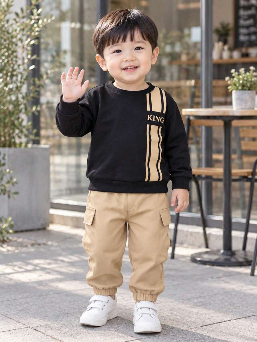 Baby Boy Spring/Autumn 2-Piece Set, Letter & Stripe Print Knit Crew Neck Long Sleeve Top + Solid Color Woven Cargo Style Jogger Pants, Suitable For 9 Months To 3 Years Old - Khaki - View 1