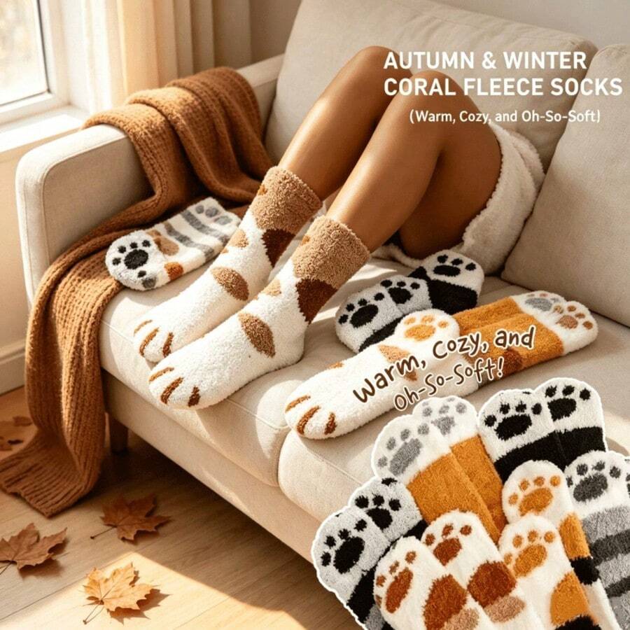 1/3/5/8 Pairs Random Color Plus Size Soft Cat Paw Home Socks, Cute Paw Print Design Highlights Foot Contour, Warm And Sleep-Inducing, Fits Foot Shape; Wear For Warmth While Watching TV At Home, Locks Heat Without Shedding, Thickened Design Anti-Pilling - Multicolor - View 1