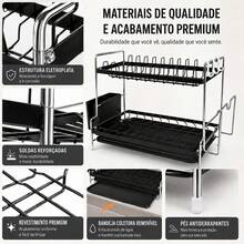Suporte Secador de Pratos 2 Andares com Acessórios, Aço Carbono Preto e Cromado, Porta-Talheres, Cabide para Tábua e Ganchos, Bandeja de Água – 40x25x30cm - Visão 8