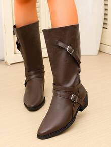 Women Block Heel Knee‑High Boots Pointed Toe Fashion Metal Plate Detail - Brown - View 4
