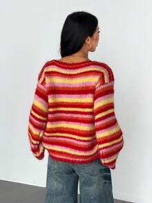 Autumn New Rainbow Striped Warm Loose Pullover Sweater - Pink - View 4
