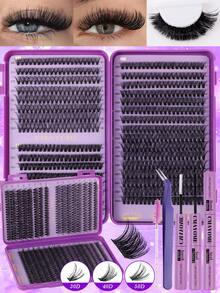 640/624/576pcs D-Curl Large Capacity False Eyelashes, Includes Glue, Sealer, Tweezers, Brush, DIY Eyelash Extension Kit, Suitable For Beginners, Easy To Use, Soft And Natural, Fluffy And Dense, Suitable For Different Eye Shapes And Makeup, High Capacity Eyelashes - Purple - View 3