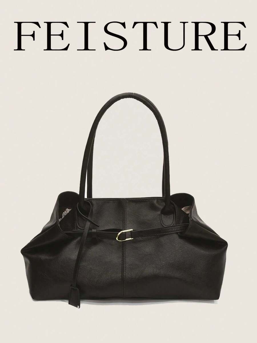 1 pieza Bolso de hombro de material de PU negro FEISTURE, con decoración de correa, cierre magnético, apto para salidas diarias, citas, ir al trabajo
