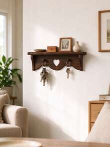 1pc Wood Wall Mounted Entryway Organizer, Rustic Key Holder Shelf With Heart Cutout, Farmhouse Key Rack With 2 Hooks, For Hallway Living Room Bedroom Home Decor Gift - View 3