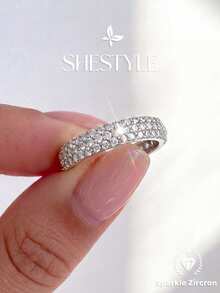 1pc New Platinum Double Line Cubic Zirconia Ring, Jewelry, Factory Direct, Exquisite Girl Birthday Party Jewelry Gift - Full Diamond - View 1