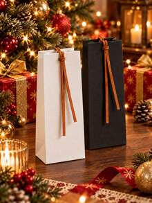 50/20pcs Portable Kraft Paper Gift Bags With Leather Ribbon Handles, Suitable For Wine Bottles, Party Favors, Weddings, Birthdays, Holiday Gift Packaging Decoration, Aesthetic Shopping Bags - Multicolor - View 4