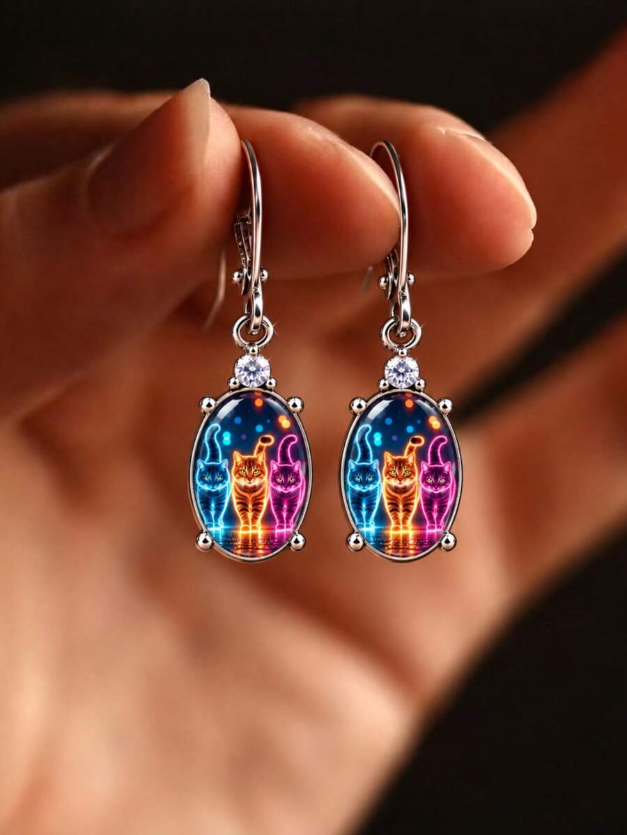 Neon Glowing Cat Oval Dangle Earrings, Colorful Luminous Cat Pattern Women's Earrings, Versatile Daily And Party Accessory - Multicolor - View 1