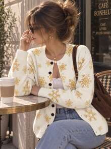 Cardigan Wanita Motif Cetak Seluruh Permukaan, Kasual, Serbaguna, untuk Pemakaian Sehari-hari - Putih - View 3