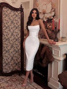 ADYCE Elegant Off Shoulder Waisted Backless BodyconTie-Back Sequin Beaded Lace Fishbone Prom Gown Homecoming Wedding Guest Formal Dinner Midi Christmas - White - View 5