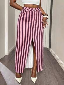 Pink Contrast Vertical Striped Mid-High Waist Women's Denim Midi Skirt, Front Slit Raw Hem Retro Y2K Straight Denim Skirt - Pink Stripes - View 4