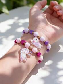 5Pcs Girls Elastic Bead Bracelet, Sweet Resin Shiny Rabbit Bear Cat Dog Glitter Pendant Bracelet, Children Cute Costume Jewelry Accessory - Multicolor - View 5